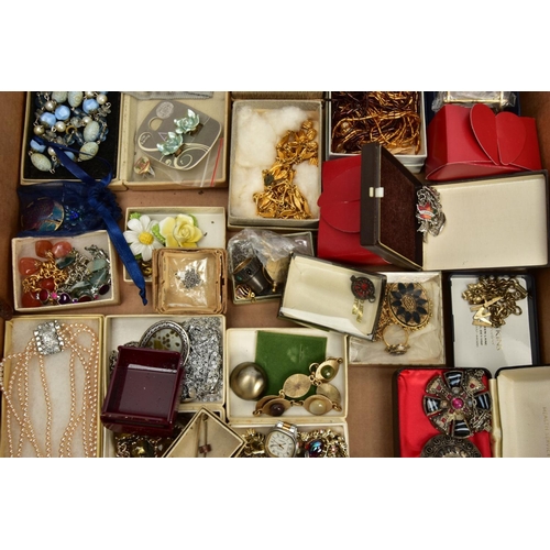 163 - TWO BOXES OF ASSORTED ITEMS, to include a small wooden jewellery box, various pieces of costume jewe... 