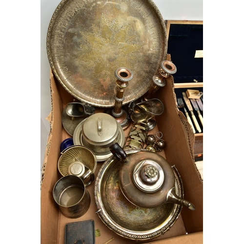 166 - A BOX OF ASSORTED WHITE METAL WARE, to include a basket tray, a pair of silver on copper candlestick... 