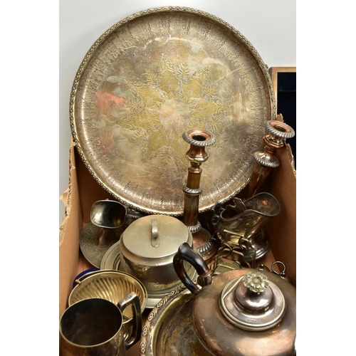 166 - A BOX OF ASSORTED WHITE METAL WARE, to include a basket tray, a pair of silver on copper candlestick... 