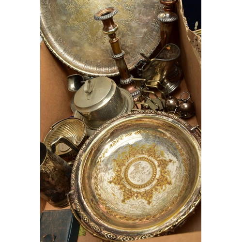 166 - A BOX OF ASSORTED WHITE METAL WARE, to include a basket tray, a pair of silver on copper candlestick... 