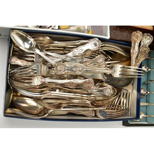 166 - A BOX OF ASSORTED WHITE METAL WARE, to include a basket tray, a pair of silver on copper candlestick... 