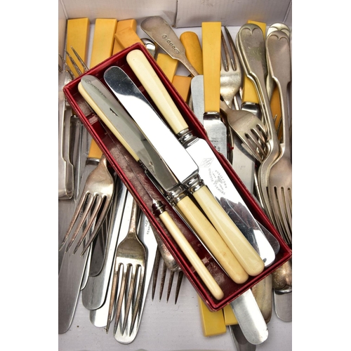 166 - A BOX OF ASSORTED WHITE METAL WARE, to include a basket tray, a pair of silver on copper candlestick... 