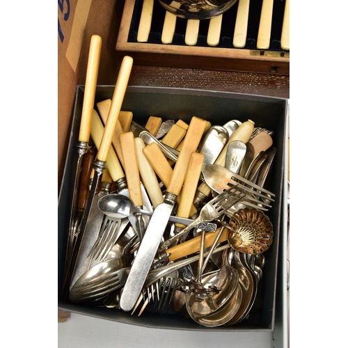 166 - A BOX OF ASSORTED WHITE METAL WARE, to include a basket tray, a pair of silver on copper candlestick... 