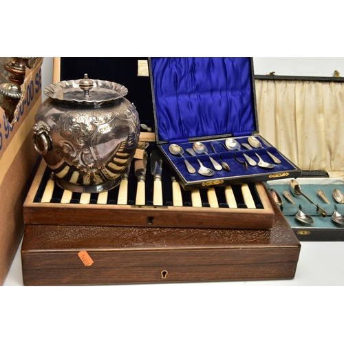 166 - A BOX OF ASSORTED WHITE METAL WARE, to include a basket tray, a pair of silver on copper candlestick... 