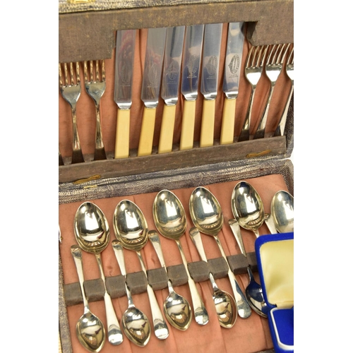 167 - CASED SETS OF CUTLERY, LOOSE CUTLERY AND COSTUME JEWELLERY, to include a cased canteen of cutlery si... 