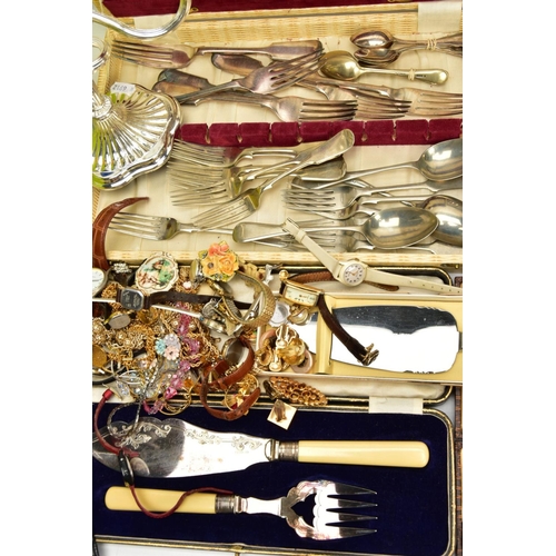 167 - CASED SETS OF CUTLERY, LOOSE CUTLERY AND COSTUME JEWELLERY, to include a cased canteen of cutlery si... 