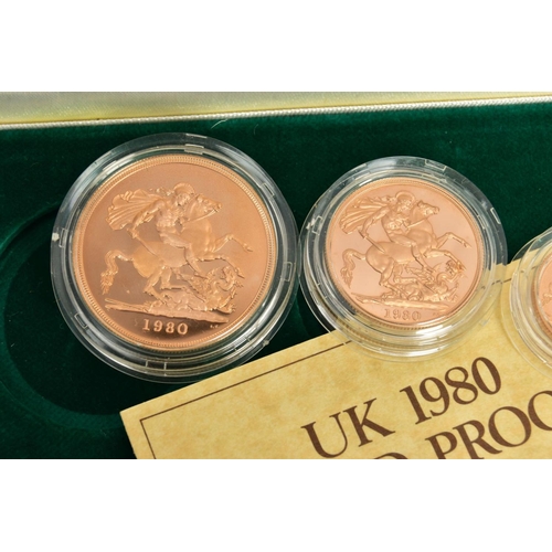 168 - A UNITED KINGDOM 1980 GOLD PROOF FOUR COIN SOVEREIGN SET, consisting of five pounds, double, full an... 