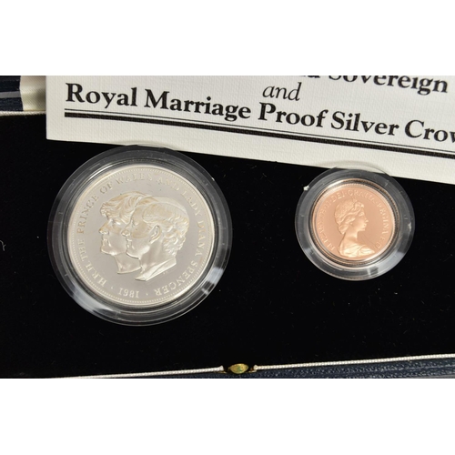 169 - A TWO COIN GOLD AND SILVER SET, to include: a 1981 full gold proof sovereign, and a Charles and Dian... 