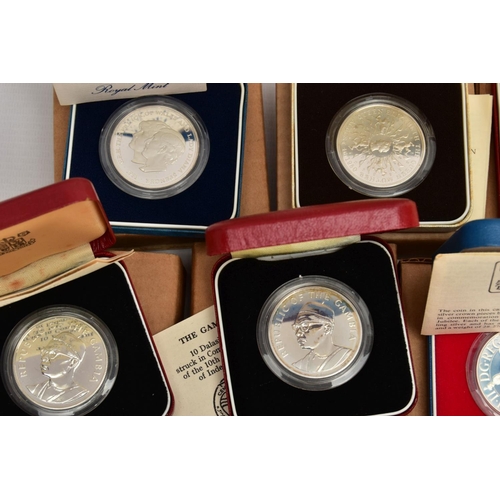 172 - A CARDBOARD BOX CONTAINING MAINLY ROYAL MINT SILVER PROOF BOXED COINS, to include a 1985 GWR 150 ann... 