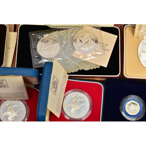 172 - A CARDBOARD BOX CONTAINING MAINLY ROYAL MINT SILVER PROOF BOXED COINS, to include a 1985 GWR 150 ann... 