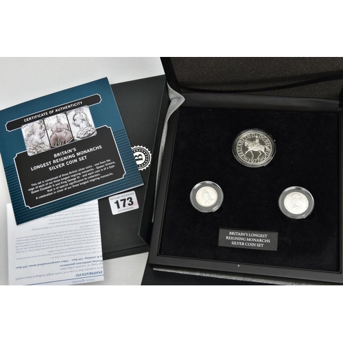 173 - BRITAINS LONGEST REIGNING MONARCH SILVER SET OF COINS, to include a George III shilling coin 1787, a... 