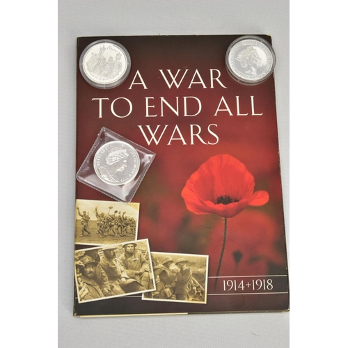 177 - A PLASTIC PACKET CONTAINING A FOLDER OF A WAR TO END ALL WARS, included are 5x coins in the annivers... 