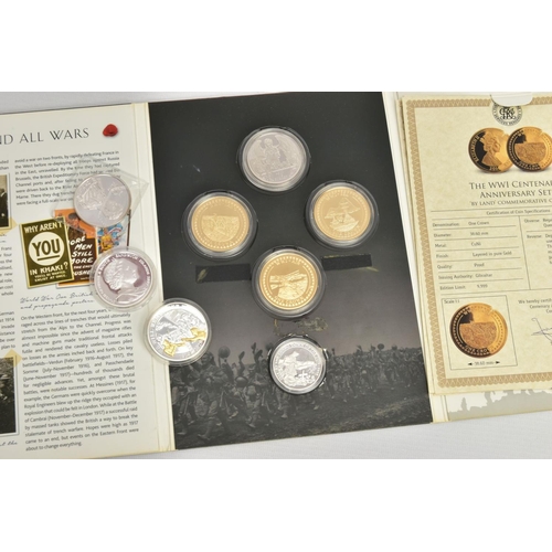 177 - A PLASTIC PACKET CONTAINING A FOLDER OF A WAR TO END ALL WARS, included are 5x coins in the annivers... 