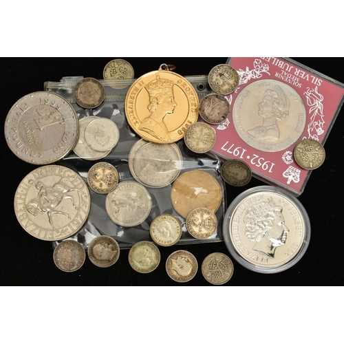 180 - A SMALL BOX OF COINS, to include a 2013 jersey poppy coin, a small packet of 3d coins etc