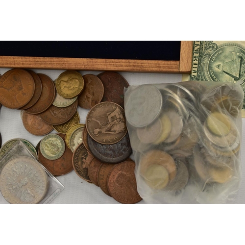 181 - A SHOE BOX CONTAINING MIXED COINS WITH A SMALL AMOUNT OF SILVER, to include an Arthur price boxed di... 