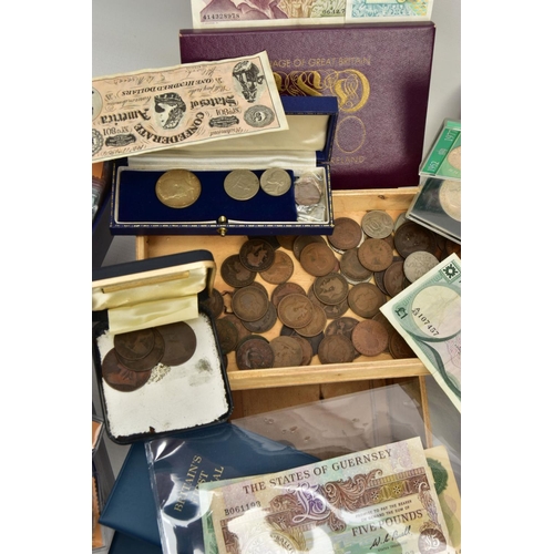 182 - A PLASTIC TRAY CONTAINING A WOODEN BOX AND TWO COINDEX CASES OF MAINLY UNITED KINGDOM COINS SOME WIT... 