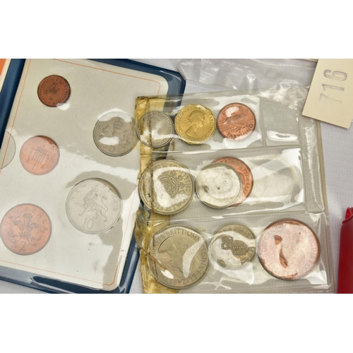 186 - A CARDBOARD BOX OF MIXED COINS AND YEAR SETS, to include five UK royal mint proof year sets 1983,198... 