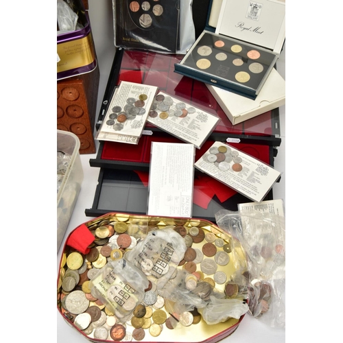 190 - BOXES AND TINS OF MIXED WORLD COINS, to include a possibly rare Edward VIII (white metal) coronation... 