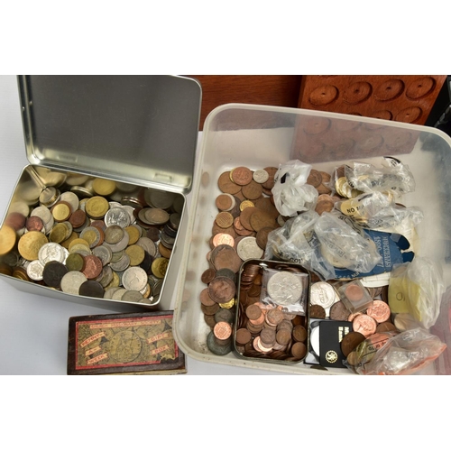 190 - BOXES AND TINS OF MIXED WORLD COINS, to include a possibly rare Edward VIII (white metal) coronation... 