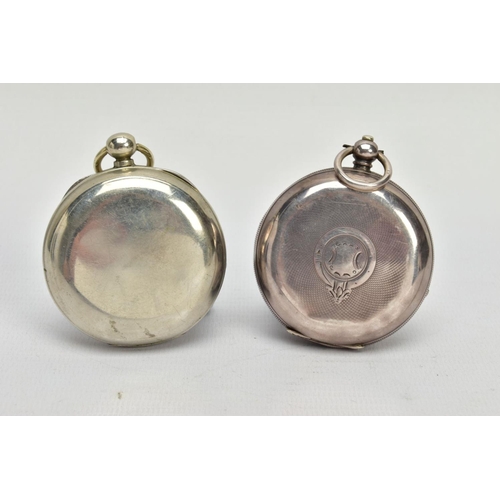 192 - TWO OPEN FACE POCKET WATCHES, the first a white metal pocket watch with a white ceramic dial signed ... 