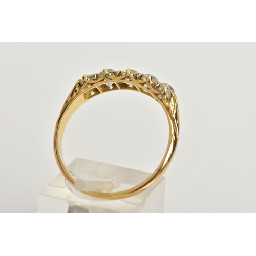 194 - A YELLOW METAL FIVE STONE DIAMOND RING, designed with a row of five old cut diamonds, estimated tota... 