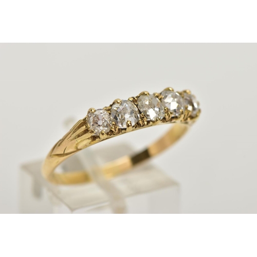 194 - A YELLOW METAL FIVE STONE DIAMOND RING, designed with a row of five old cut diamonds, estimated tota... 