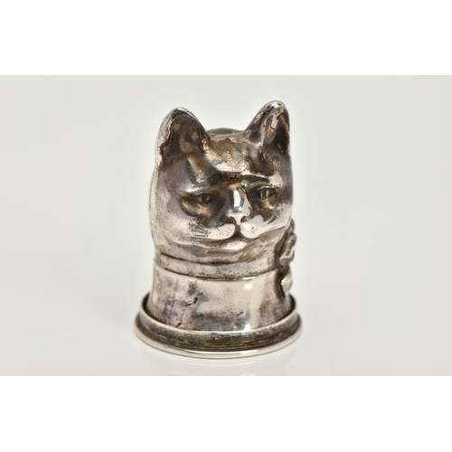 21 - A SILVER CAT VESTA CASE, designed as a cat head with a ribbon round its neck, opens to the base with... 