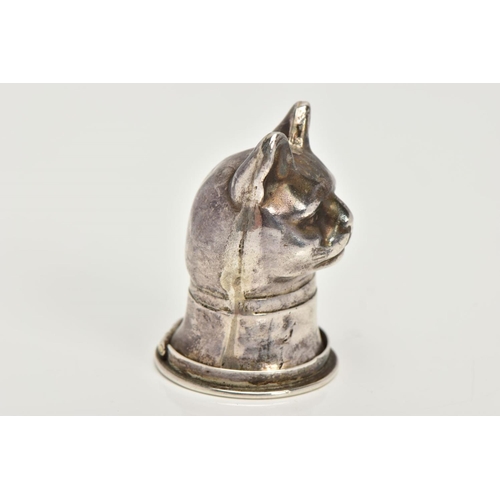 21 - A SILVER CAT VESTA CASE, designed as a cat head with a ribbon round its neck, opens to the base with... 