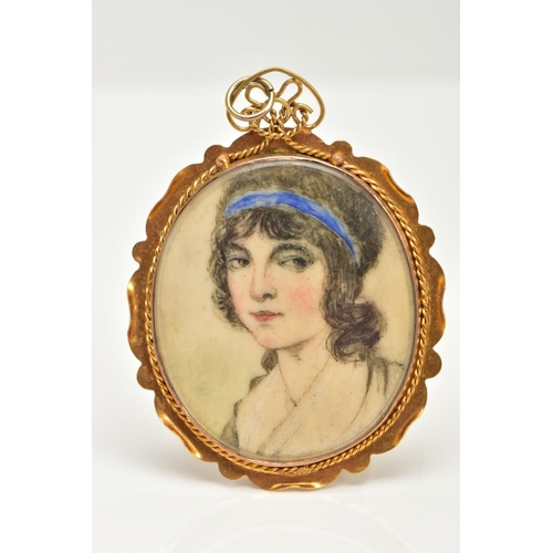 24 - A YELLOW METAL HAND PAINTED PORTRAIT PENDANT, of an oval form, panel detailing a lady in profile wit... 