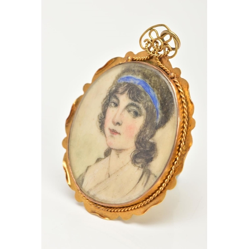 24 - A YELLOW METAL HAND PAINTED PORTRAIT PENDANT, of an oval form, panel detailing a lady in profile wit... 