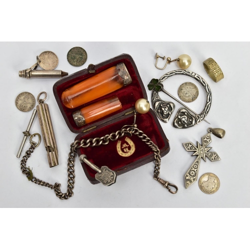 27 - A BAG OF SILVER AND WHITE METAL ITEMS, to include a graduated silver albert chain fitted with a lobs... 