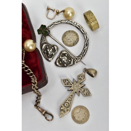 27 - A BAG OF SILVER AND WHITE METAL ITEMS, to include a graduated silver albert chain fitted with a lobs... 