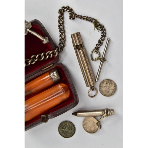 27 - A BAG OF SILVER AND WHITE METAL ITEMS, to include a graduated silver albert chain fitted with a lobs... 