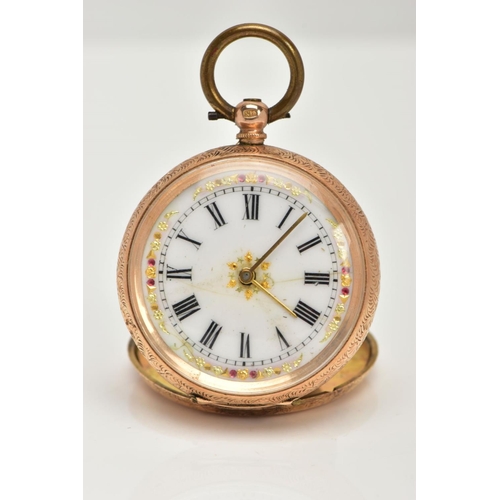 29 - A GOLD CASED LADIES POCKET WATCH, a key wound movement, round white dial with gold tone floral detai... 