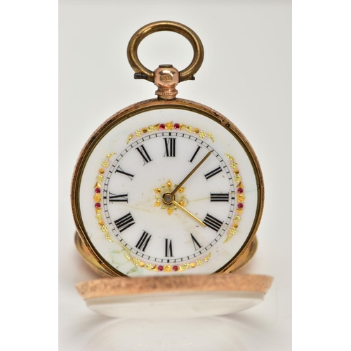 29 - A GOLD CASED LADIES POCKET WATCH, a key wound movement, round white dial with gold tone floral detai... 