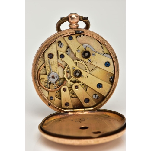 29 - A GOLD CASED LADIES POCKET WATCH, a key wound movement, round white dial with gold tone floral detai... 