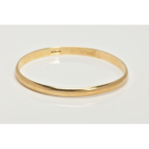 3 - A 9CT GOLD BANGLE, a plain polished solid gold bangle, approximate dimensions width 5mm x depth 2mm ... 