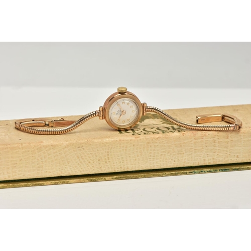 31 - A 9CT GOLD LADIES WRISTWATCH, a hand wound movement, round white dial signed 'Record', Arabic number... 