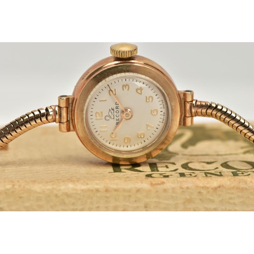 31 - A 9CT GOLD LADIES WRISTWATCH, a hand wound movement, round white dial signed 'Record', Arabic number... 