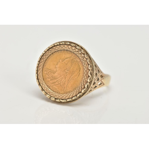 32 - A 9CT GOLD HALF SOVEREIGN RING, an 1898 half sovereign coin mounted into a basket style ring mount, ... 