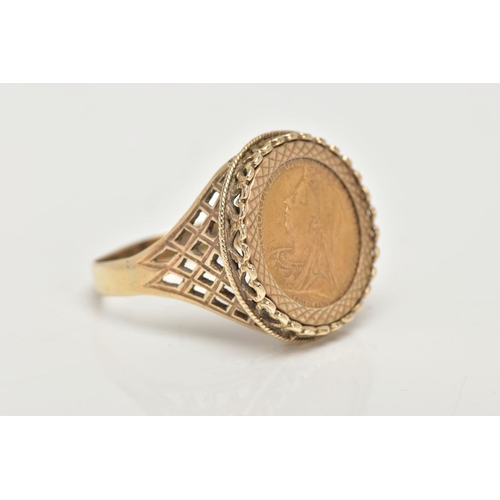 32 - A 9CT GOLD HALF SOVEREIGN RING, an 1898 half sovereign coin mounted into a basket style ring mount, ... 