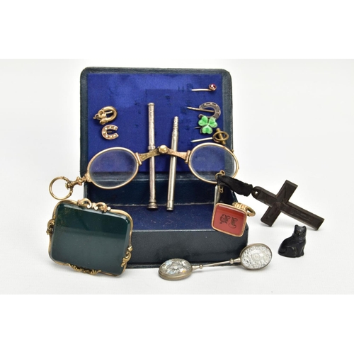 34 - A BOX OF ASSORTED ITEMS, to include six early 20th century stick pins, a large AF bloodstone brooch,... 