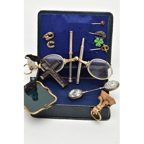 34 - A BOX OF ASSORTED ITEMS, to include six early 20th century stick pins, a large AF bloodstone brooch,... 