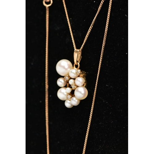 36 - A 9CT GOLD PEARL AND DIAMOND NECKLACE,  a cluster of varying sized white pearls, approximate dimensi... 