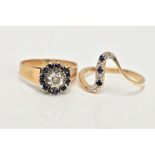 38 - TWO 9CT GOLD SAPPHIRE RINGS, the first a sapphire and diamond cluster, comprising of twelve circular... 