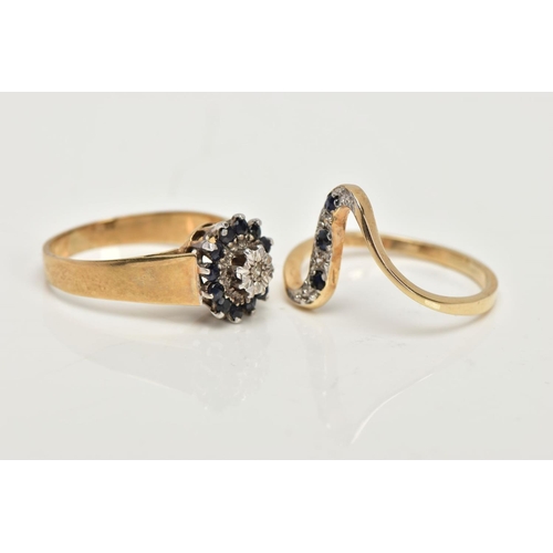 38 - TWO 9CT GOLD SAPPHIRE RINGS, the first a sapphire and diamond cluster, comprising of twelve circular... 