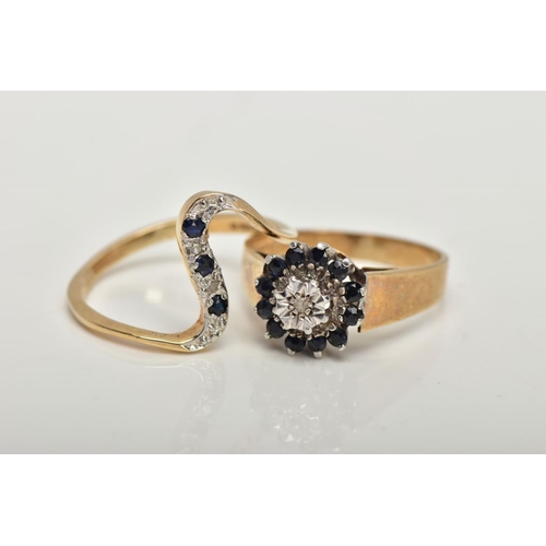 38 - TWO 9CT GOLD SAPPHIRE RINGS, the first a sapphire and diamond cluster, comprising of twelve circular... 