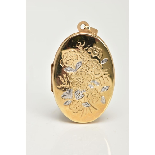 40 - A 9CT GOLD LOCKET PENDANT, a yellow gold oval locket, detailing a white a yellow gold floral design ... 