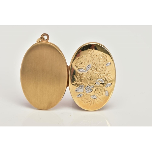 40 - A 9CT GOLD LOCKET PENDANT, a yellow gold oval locket, detailing a white a yellow gold floral design ... 