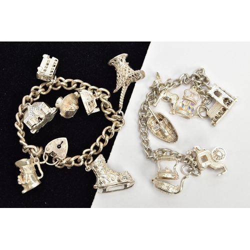 44 - A SILVER CHARM BRACELET WITH A WHITE METAL BRACELET AND WHITE METAL CHARMS, a silver curb link brace... 